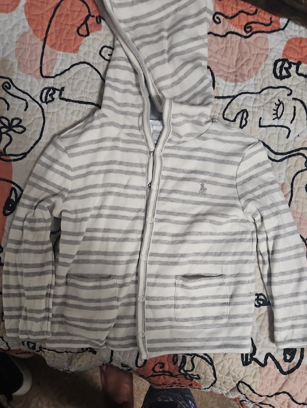 Polo by Ralph Lauren White & Gray Striped Kids Hooded Button-Up Sweatshirt